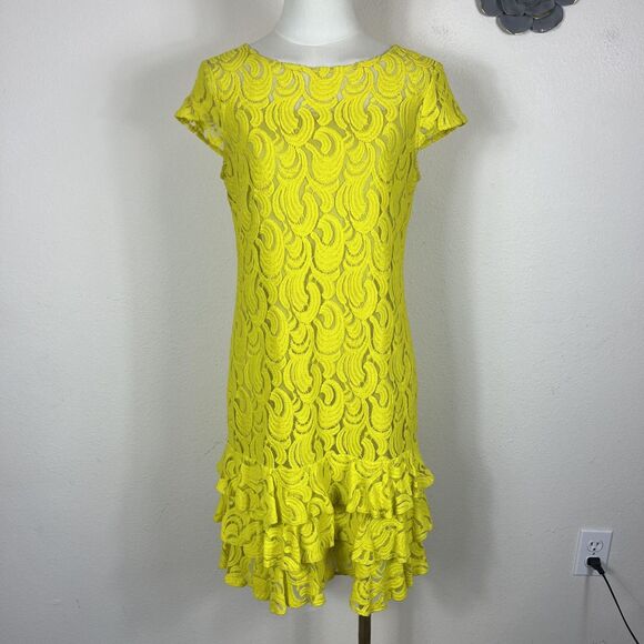 Muse Dress Womens 8 Neon Yellow Lace Tiered Ruffle Drop Waist Party Cocktail - Picture 1 of 8